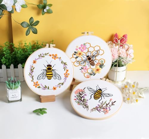 Image of Konrisa Embroidery Kits for Adults Beginner, European Style Bees Collect Honey Stamped Embroidery Starter Kit,DIY Sewing Practice, Needlepoint Cross Stitch Kit,Set of 3