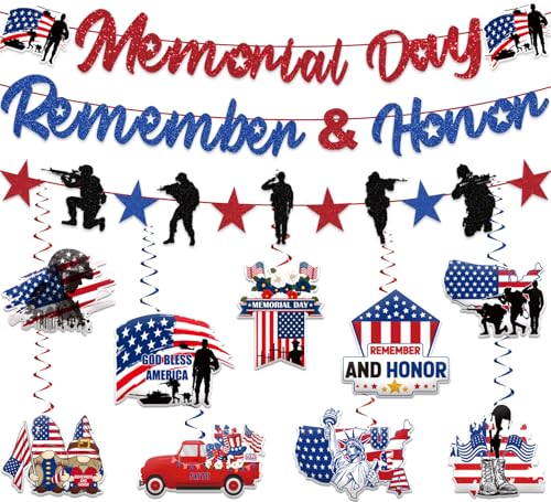 Memorial Day Decorations Banner and Hanging Swirls, No-DIY Memorial Day Remember and Honor Banner Set Glitter Blue Red and White Patriotic Decorations for Office Indoor Outdoor Party Supplies