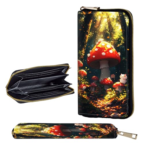 Wallet,Leather Long Wallet Suitable For Ladies And Teenagers - Detachable Wristband + RFID Travel Wallet With Card Slot - Cute Mushroom Forest Cats