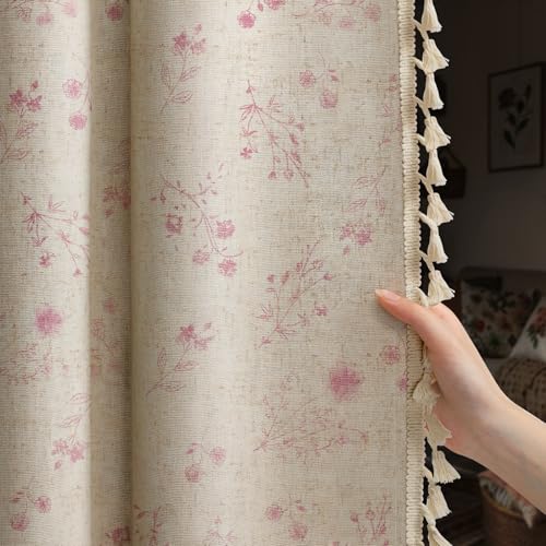XOGUIBO Boho Floral Spring 100% Blackout Curtains 84 Inch Length 2 Panels Set, Linen Texture Farmhouse Curtains with Beige Tassel for Living Room Bedroom, Vintage Rustic Rod Pocket,Pink