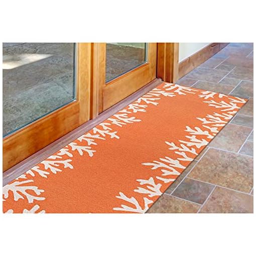 Liora Manne Capri Indoor / Outdoor Rug - Nautical Rug, Coastal Beach Theme , Tropical Decor, Comfortable & Durable, UV Stabilized, Stain Resistant Rug, Coral Border Orange, 2' x 8'