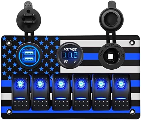 AMOMD Aluminum Rocker Switch Panel with American Flag Pattern with 6 Gang ON/Off Toggle Switch and 5V/4.8A Dual USB and Cigarette Lighter Power Socket and Digital Voltmeter (Blue Light)