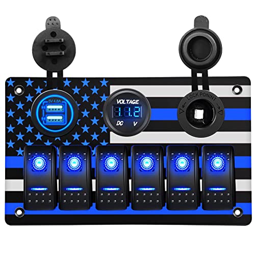 Amomd Aluminum Rocker Switch Panel With American Flag Pattern With 6 Gang On/Off Toggle Switch And 5V/4.8A Dual Usb And Cigarette Lighter Power Socket And Digital Voltmeter (Blue Light) #TOP4