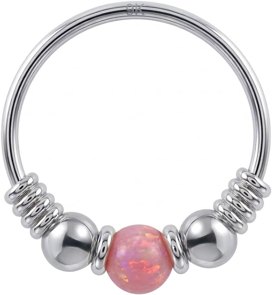 9K Solid White Gold Opal Stone with Double Ball and Spring Coil 22 Gauge (0.6mm) Hoop Nose Ring Piercing Jewelry