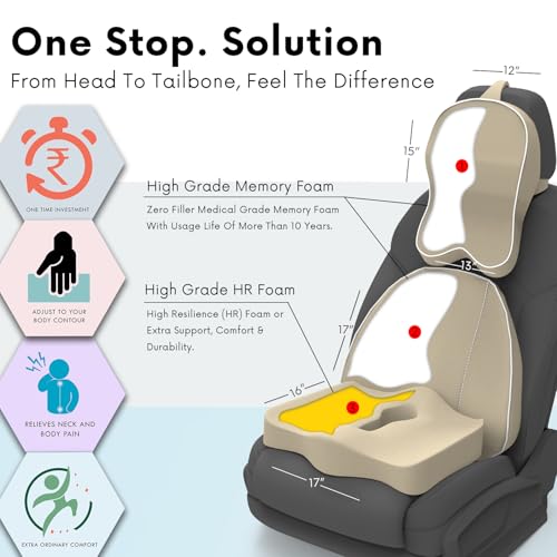 Image of Neckrest Back Support or Orthopaedic Cushion for Long Sitting with Ergonomic Design Made by High Density Memory Foam Used for Car or Office Chairs. (Royal Beigh, Spine Support)
