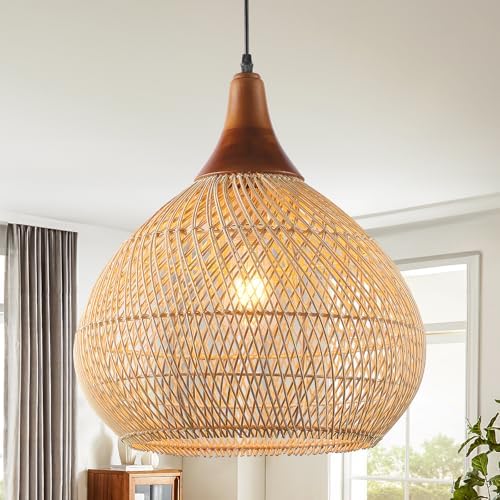Rattan Pendant Light, 15.7" Rattan Chandelier Hand-Woven Boho Pen...