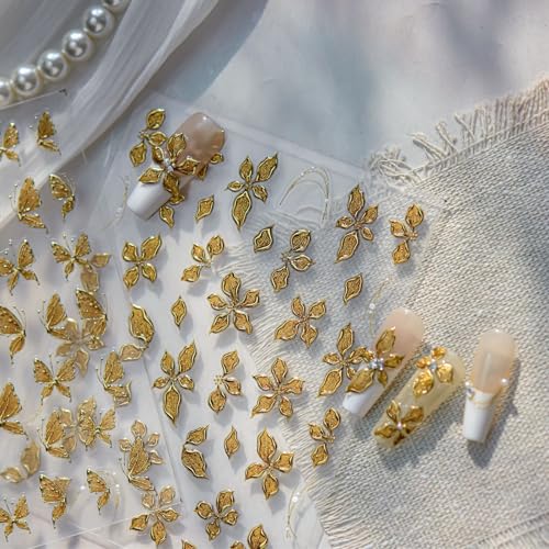 Image of Gold Flower Nail Stickers for Nails Art 5D Embossed Nail Decals with Design Golden Floral Nail Art Stickers Self Adhesive for Women Girls Manicure Charms Supply Decoration 1 Sheets