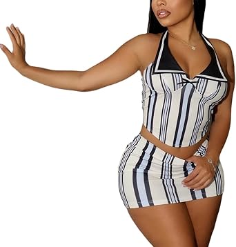 THLAI Women 2 Piece Mini Skirt Sets Stripe Halter Sleeveless Crop Top and Mini Skirt Set Summer Sexy Outfits