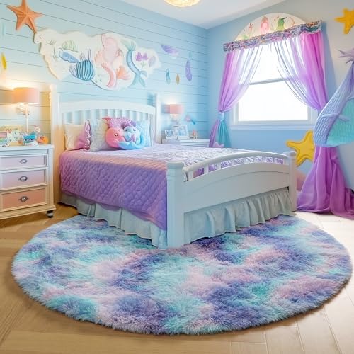 PAGISOFE Round Rugs 5Ft Cute Shaggy Circle Rug for Girls Bedroom, Purple Rainbow Rugs for Kids Room, Teen Girls, Playroom, Nursery, Fluffy Furry Pastel Mermaid Rug, Soft Plush Kawaii Tent Carpet - Image 5