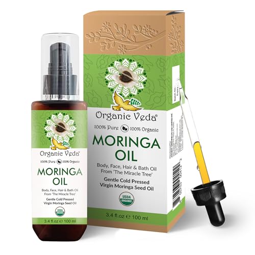 Organic Veda Moringa Oil Virgin 100% Pure & USDA Organic – Multi Purpose, Face, Hair & Skin, Nails, Fast Absorbing, Moisturizing & Beautifying – The Miracle Tree Moringa Oleifera Seed Oil, 3.4 fl.oz