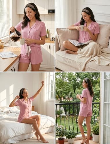 Image of Pjmlifecoco Women's Modal Pajama Set Short Sleeve Button Down Two Piece Soft Sleepwear with Shorts Loungewear S-XXL
