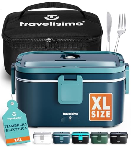 TRAVELISIMO - Fiambrera Electrica Extra Grande 1,8L - Taper Electrico para Comida 100W - Fiambrera Termica 3 en 1 12V/24V/220V - Fiambreras Comida Trabajo para Coche, Camión - Acero Inoxidable