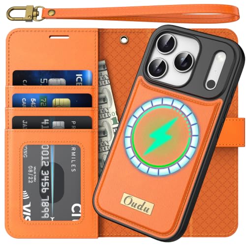 Étui cuir véritable iPhone 17 Pro antichoc charge sans fil orange