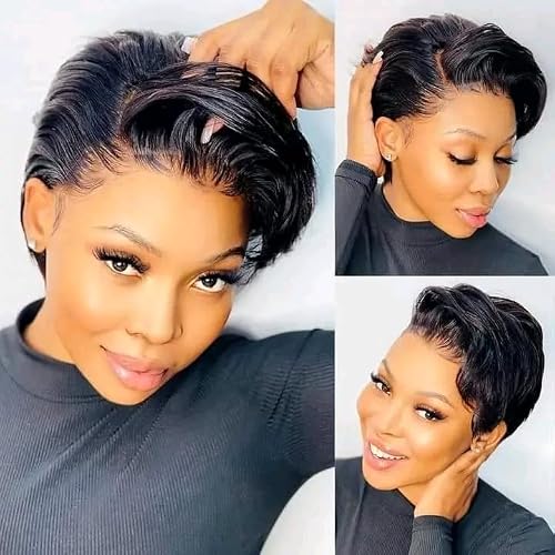 Brazilian Hair Pixie Cut Wig Full Frontal Natural Black 150% Density