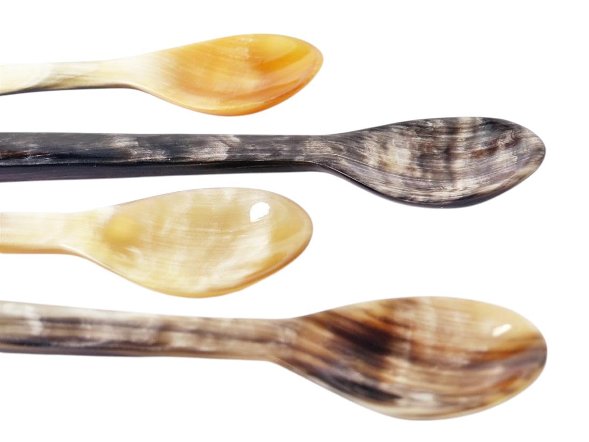 4 Stück Horn Eierlöffel gerade lebhaft gemasert 1A Qualität = 12 cm Laffe 25 x 35 mm Naturlöffel Öko Handarbeit Fair Handel
