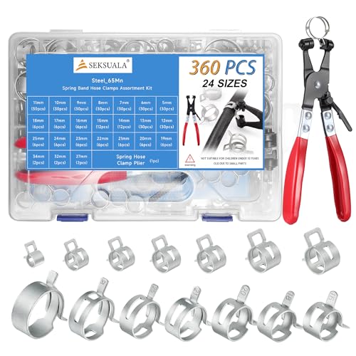 360Pcs 1/5' to 1-3/8' (5-34mm) Spring Band Hose Clamps Assortment Kit with Swivel Flat Hose Clamp...