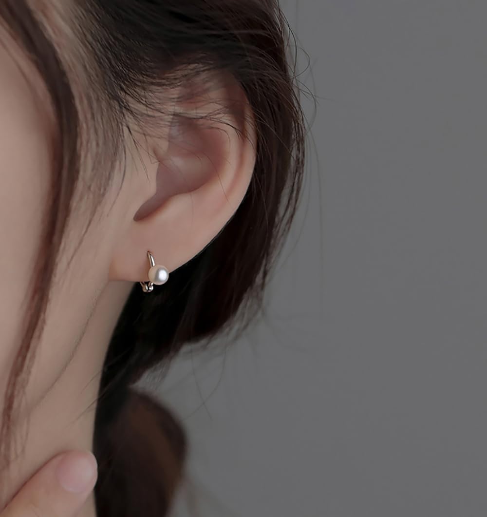 Solid 925 Sterling Silver Pearl Hoop Earrings for Women Teens Simulated Pearl Huggie Earrings Small Hoops Hypoallergenic - Image 3