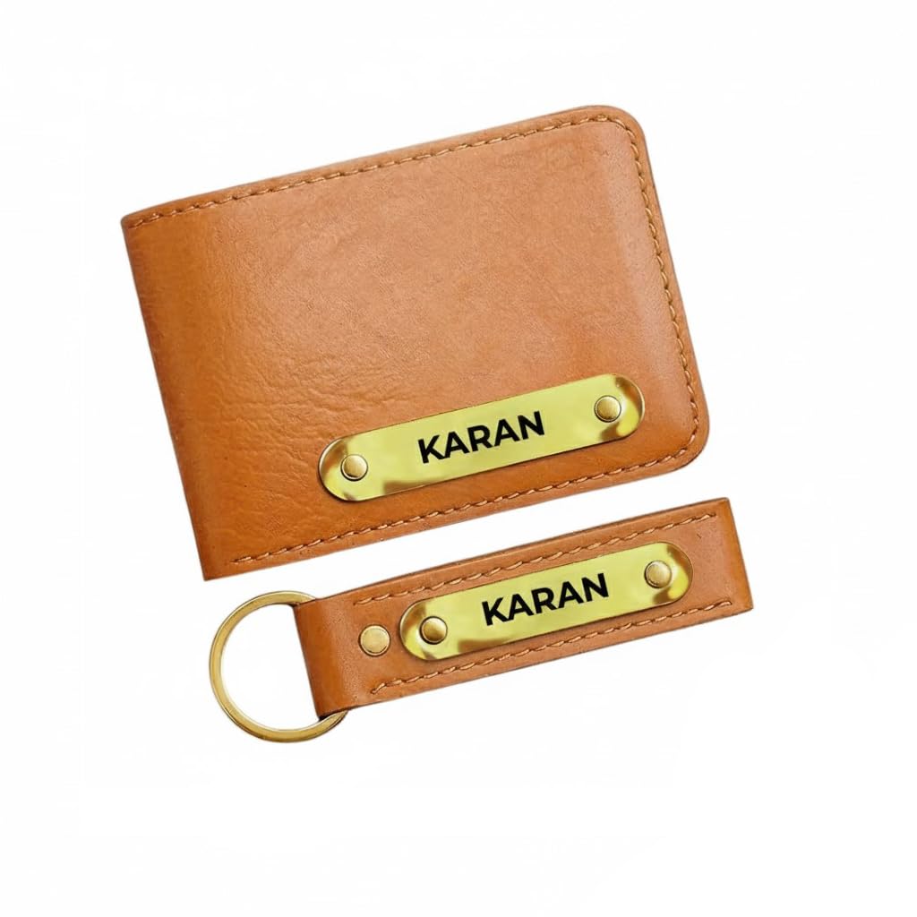Personalized Brown Leather Wallet & Keychain Gift Set | Custom Name Engraved Combo for Men | Premium Gift Box (Tan)-image-37