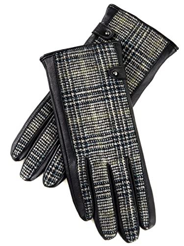 GSG Touchscreen Lederhandschuhe für Damen Harris Tweed Warme mit Fleece Gefütterte Winterhandschuhe zum Fahren Schwarz-Grau Schwarz-Grau M Cover