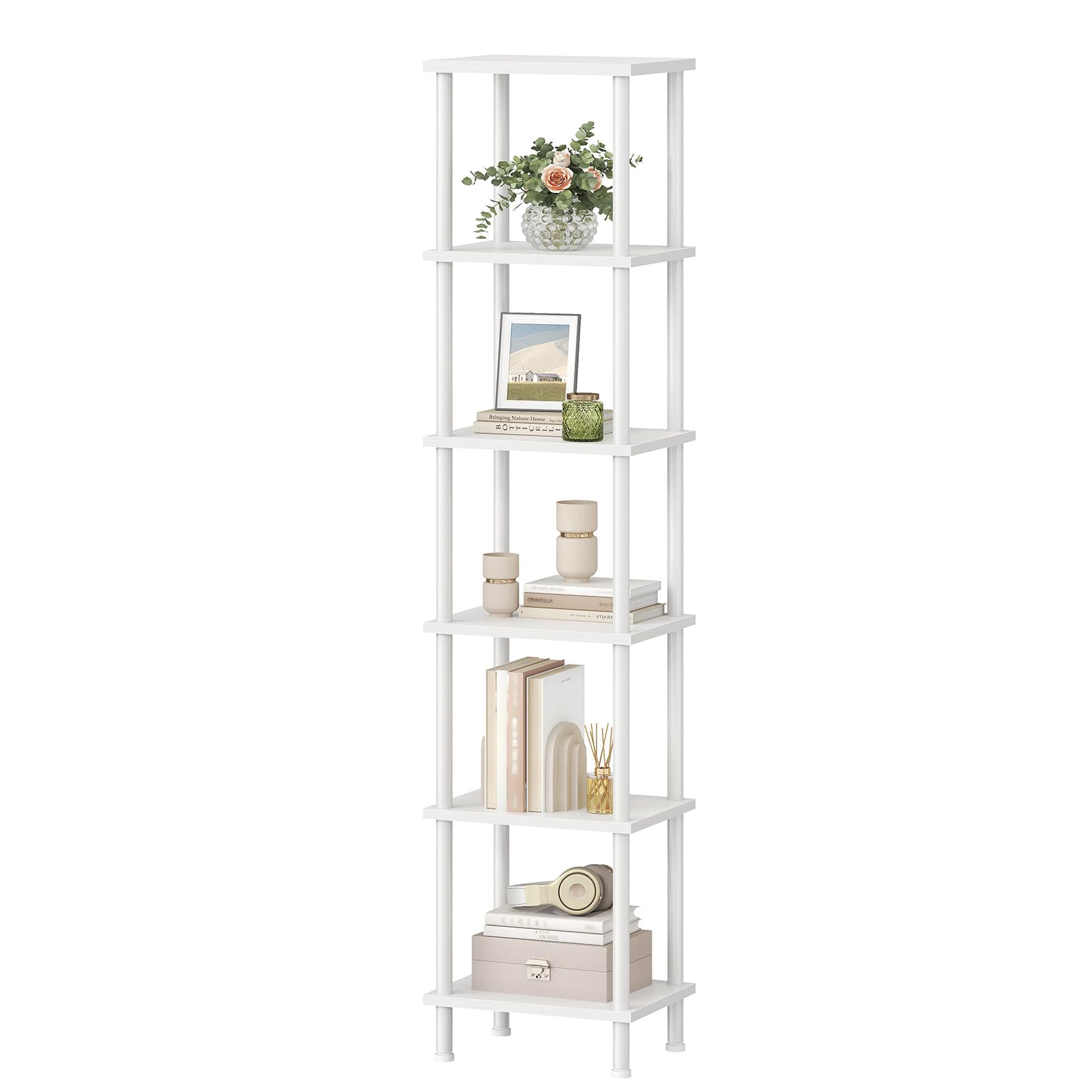 HOOBRO Industrial 6-Tier Bookshelf, Large Capacity Retro Bookcase, Twist-Lock Assembly, Wooden Storage Display Shelf for Living Room, Home Office, White EWW165SJ01