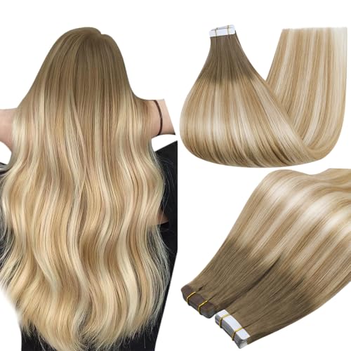 Image of Full Shine Human Hair Tape in Extensions Double Sided Tape in Hair Extensions Color 6 /27 /60 Brown And Blonde Invisible Remy Skin Weft 22Inch Long Silky Straight for Women 100Gram 40Pcs