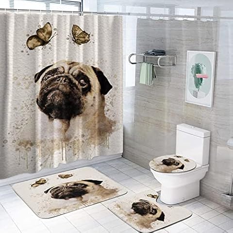 Chfukew 4 Piece Butterfly Dog Shower Curtain Set Watercolor Pug Gifts for Pug Lovers with Non Slip Washable Bathroom Rug Contour Floor Mat Toilet Lid Cover Decor Accessories for Bath Room Cover