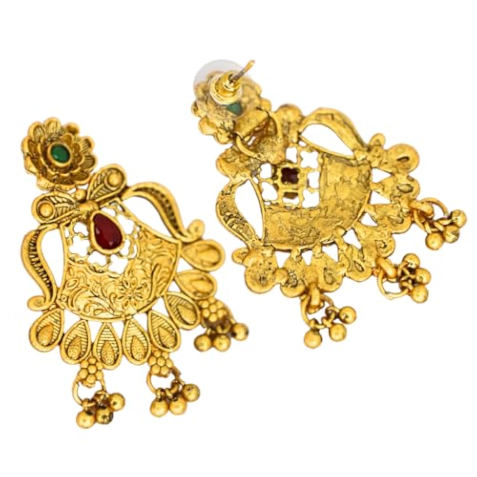 Antique Plated Temple Dangler Earrings with Red Teardrop Stone