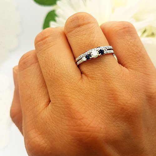 Dazzlingrock Collection 14K Solid Gold Blue Sapphire & White Diamond 5 Stone Bridal Engagement Ring Set2