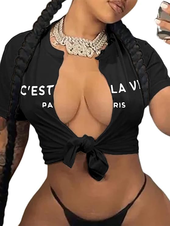 Women's Tie Front Crop Top Short Sleeve Deep V Neck Knot Front T Shirt Casual Summer Top - Image 3