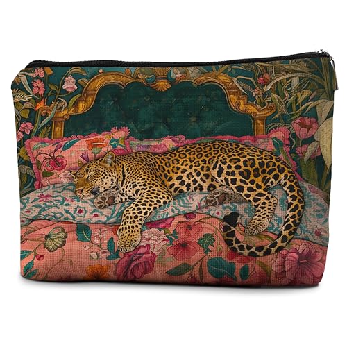 Maximalist Funky Leopard Makeup Bag for Women, Eclectic Cheetah Cosmetic Bags for Purse, Trendy Pink and Emerald Green Jungle Animal Tiger Zipper Makeup Pouch