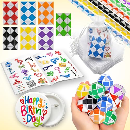 Pack 30 Cubo Mágico de Serpiente, Magic Snake Cube, 30 Bolsas, 1 Chapa Cumpleaño, 30 Guias de Figuras. Regalos cumpleaños Niños Colegio, Detalles Cumpleaños niños, Regalitos Cumpleaños Invitados Niñas