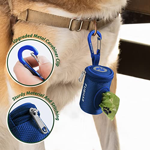 Image of FURHAB Dog Poop Bag Holder for Leash Doggie Waste Bag Dispenser Soft Fabric Puppy Potty Carrier Small Doggy Zipper Pouch with Carabiner Clip 1680D Nylon Oxford with 1 Roll of Pet Trash Bag, Royal Blue