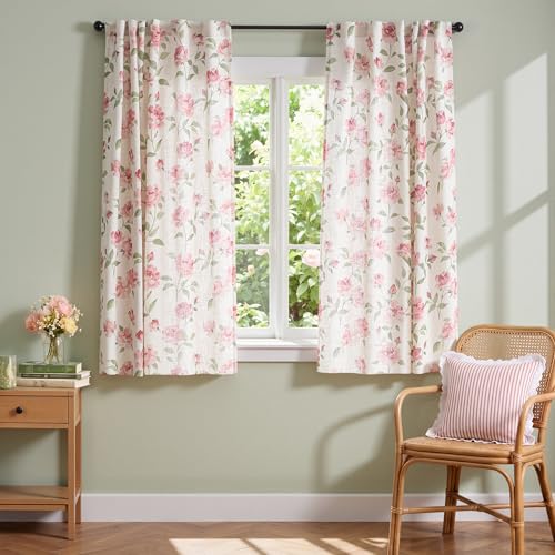 Image of jinchan Pink Floral Linen Curtains 63 Inch Cottagecore Back Tab 2 Panels | Light filtering drapes, semi sheer, farmhouse, watercolor, romantic, living room, bedroom, rod pocket, window treatment