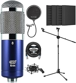 MXL R144 Ribbon Microphone for Vocals, Brass, Horns, Acoustic and Electric Guitars Bundle with Blucoil 20-FT Balanced XLR Cable, Pop Filter Windscreen, Adjustable Mic Stand, and 4X 12 Acoustic Wedges
