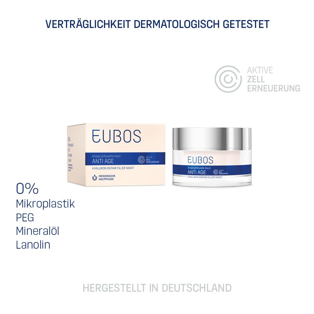 Eubos I Anti Age Hyaluron Repair Filler Night I 50ml I für alle Hauttypen I ohne Mineralöl I gegen Falten (Packung mit 2)