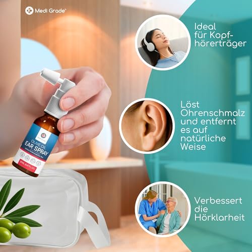 Medi Grade Olivenöl Spray Ohrenschmalz Entferner Spray bei Verstopften Ohren, 20 ml – 100% Natürliches, Weicht Verhärtetes Ohrenschmalz auf und Ablagerungen – Über 50 Effektive Ohrenreinigung Spray