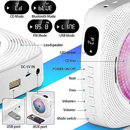 Gueray Tragbarer CD-Player für Wandmontage mit Wiederaufladbare Batterie Bluetooth Lautsprecher Fernbedienung LED… - Image 8