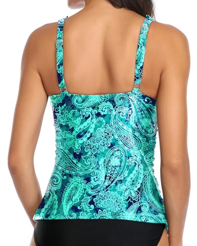 Image of Ruffle V Neck Tankini Top Only Women Tummy Control Swimsuit Tank Top | Removable cups for custom bust lift, Blend soft spandex to stretch easily