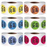 Kinmsito 3000 Stück Aktionsetiketten,2.5 cm Rabatt Verkaufs Aufkleber,10%-60% Runder Selbstklebender Einzelhandelsetiketten, Prozent Off Aufkleber Für Einzelhandel Supermarkt Rabattaufkleber, 6 Rollen