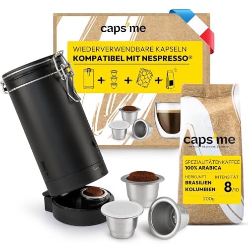 CAPSME - Französische Marke - Komplettset Wiederbefüllbare Kapseln für Nespresso - Mit 1 Shaker 3 wiederverwendbaren Edelstahl-Pads 48 Verschlüssen 200 g Kaffee