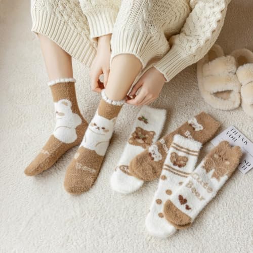 Warm Fluffy Socks, Soft Winter Slipper Socks with Cute Bear Patterns Sleeping Plush Crew Socks Cozy Casual Socks for Women, 5 Pairs, Size 5-92