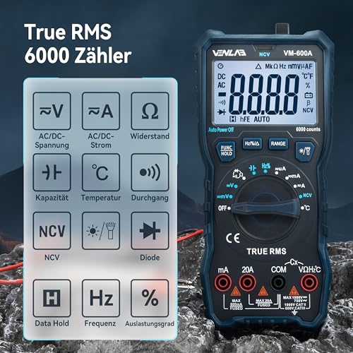 Multimeter mit 6000 Zählungen, True RMS Auto-Ranging Digital,VENLAB Strommessgerät Voltmeter, Misst genau Spannung Strom Widerstand Diode Durchgang, Mit LCD-Anzeige und faltbar Ständer.