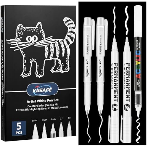 White Pen Set - 2 Gel, 1 Liquid Highlighter, 2 Fine/Brush Acrylic Markers | Opaque Quick Dry, Smudge Proof, Multi-Surface for Black Paper, Art, Sketching,...