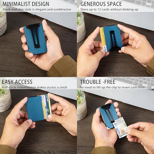 Image of Minimalist Carbon Fiber Wallet for Men, Money Clip Cash Strap Wallet, RFID Blocking Metal Wallet Aluminum Card Holder,Front Pocket Wallet(Matte Navy)