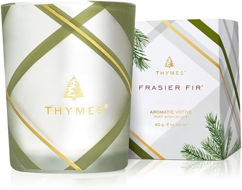 Thymes - Vela votiva con aroma a abeto Frasier, diseño a cuadros esmerilados, 2onzas