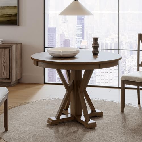 HULALA HOME Round Dining Table for 4, 42\" Rustic Farmhouse Pedestal Table with White Brushed Finish, Solid Rubberwood Base(Walnut)