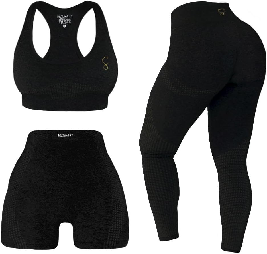 3 Piece Workout Sets For Women Seamless High Waisted Matching Exercise Leggings Shorts and Sports Bra Active Set