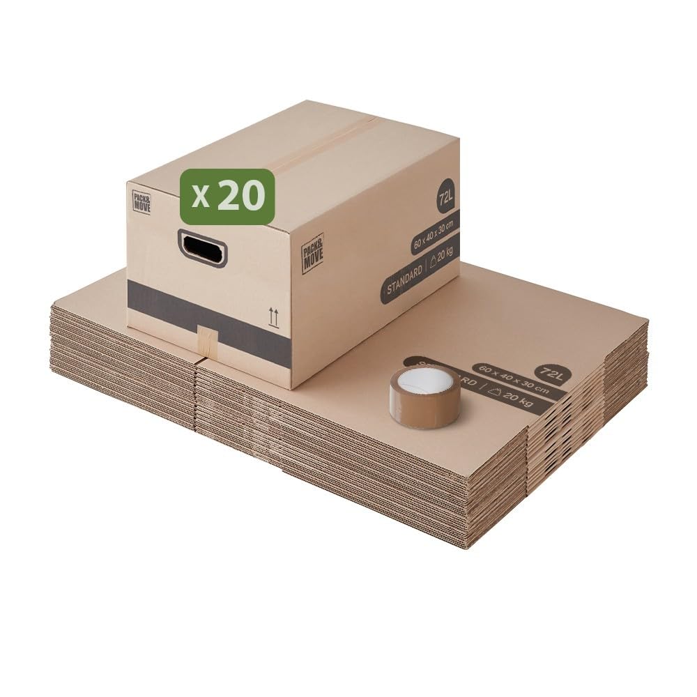 Pack and Move - Lot 20 cartons déménagement M - 60 x 40 x 30 cm - Poignées renforcées - 1 adhésif offert