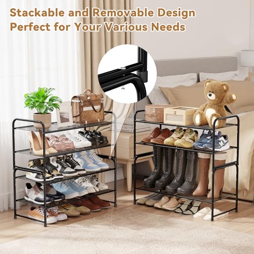 Image of Shoe Rack, 2 Tier 27 inch Wide Metal Mesh Shoe Organizer for Closet Holds up to 6-9 Pairs, Stackable, Black