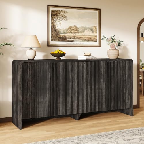 Image of AMERLIFE 63 inch Fluted Sideboard Buffet Cabinet with Storage, Modern Credenza Console with 4 Doors & Adjustable Shelves, Wood Coffee Bar for Kitchen, Living Room, Hallway, Black